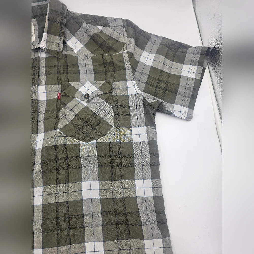 LEVI'S plaid cotton blend short sleeve button front‎ shirt men's Grn and Wht XL
